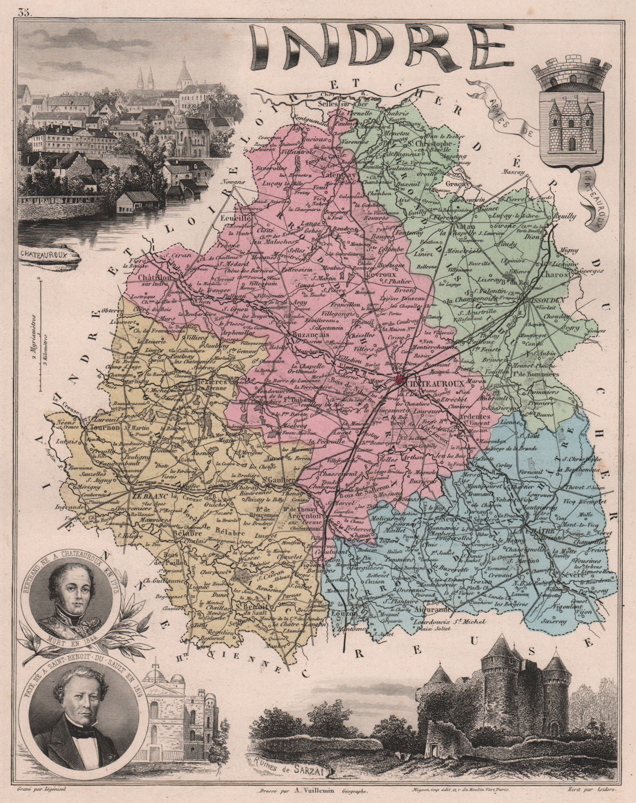 INDRE. Département. Châteauroux. Sarzai. Bertrand. Faye. VUILLEMIN 1879 map